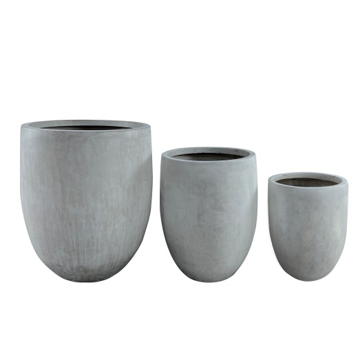 Three standard sizes of the RC-1016 tall GFRC planter in a gray finish